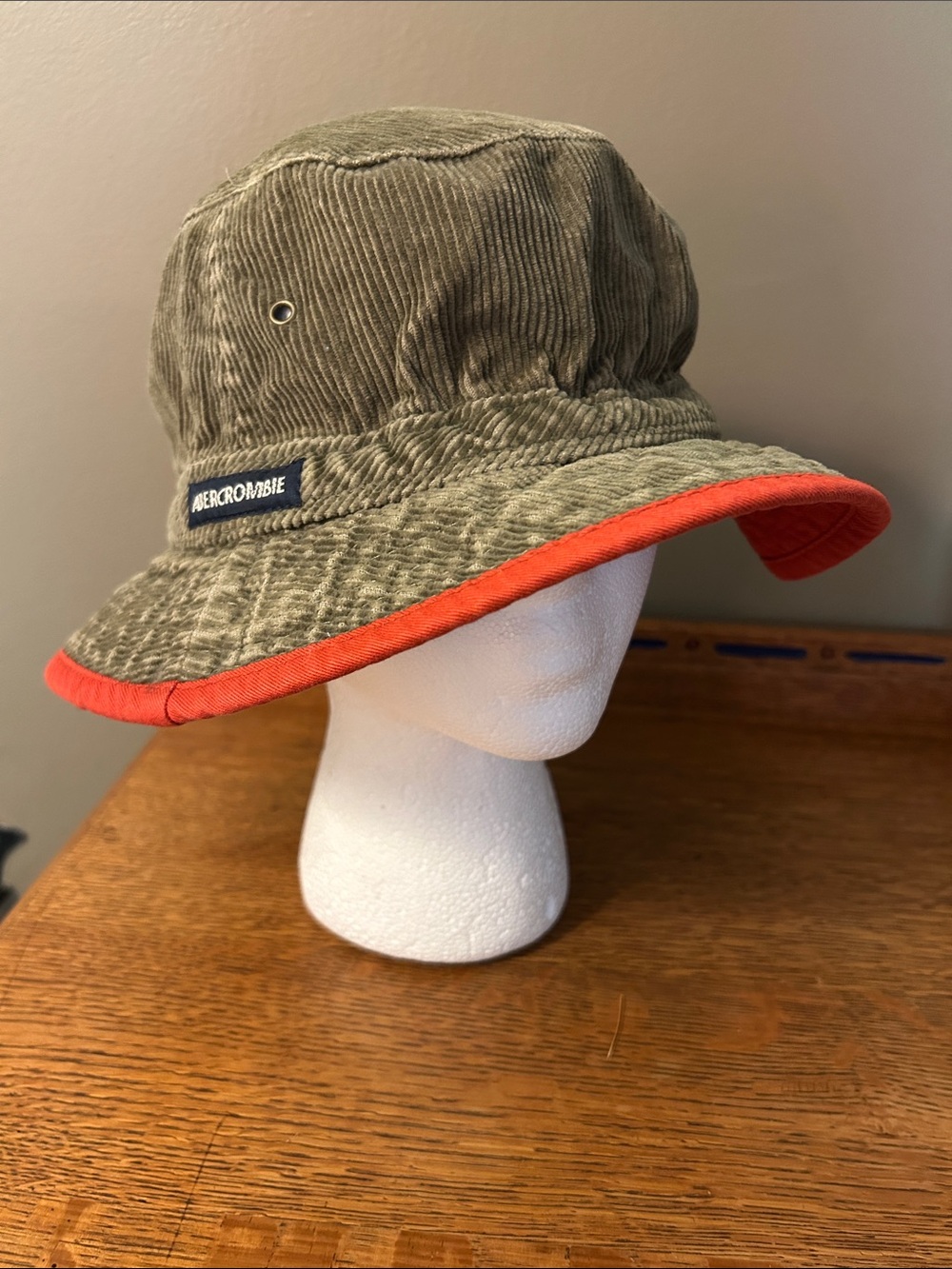 Abercrombie & Fitch Olive Corduroy Bucket Hat with Orange Edge